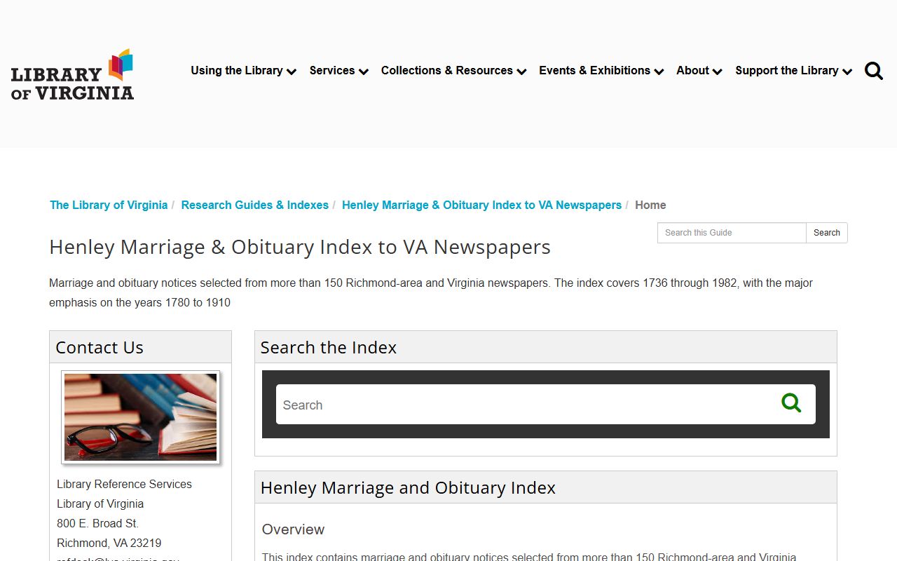 Henley Marriage and Obituary Index at the Library of Virginia