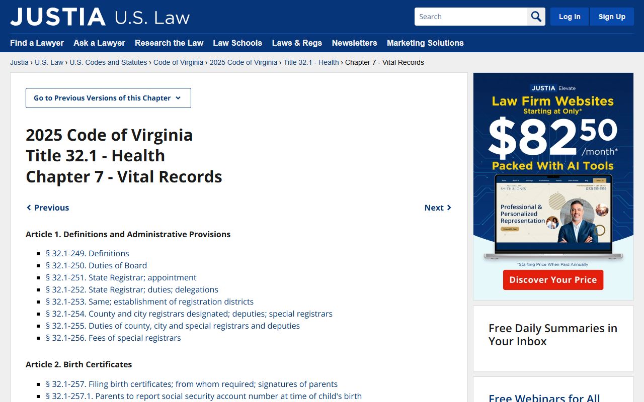 Code of Virginia Title 32.1 vital records law for obituary and death records access