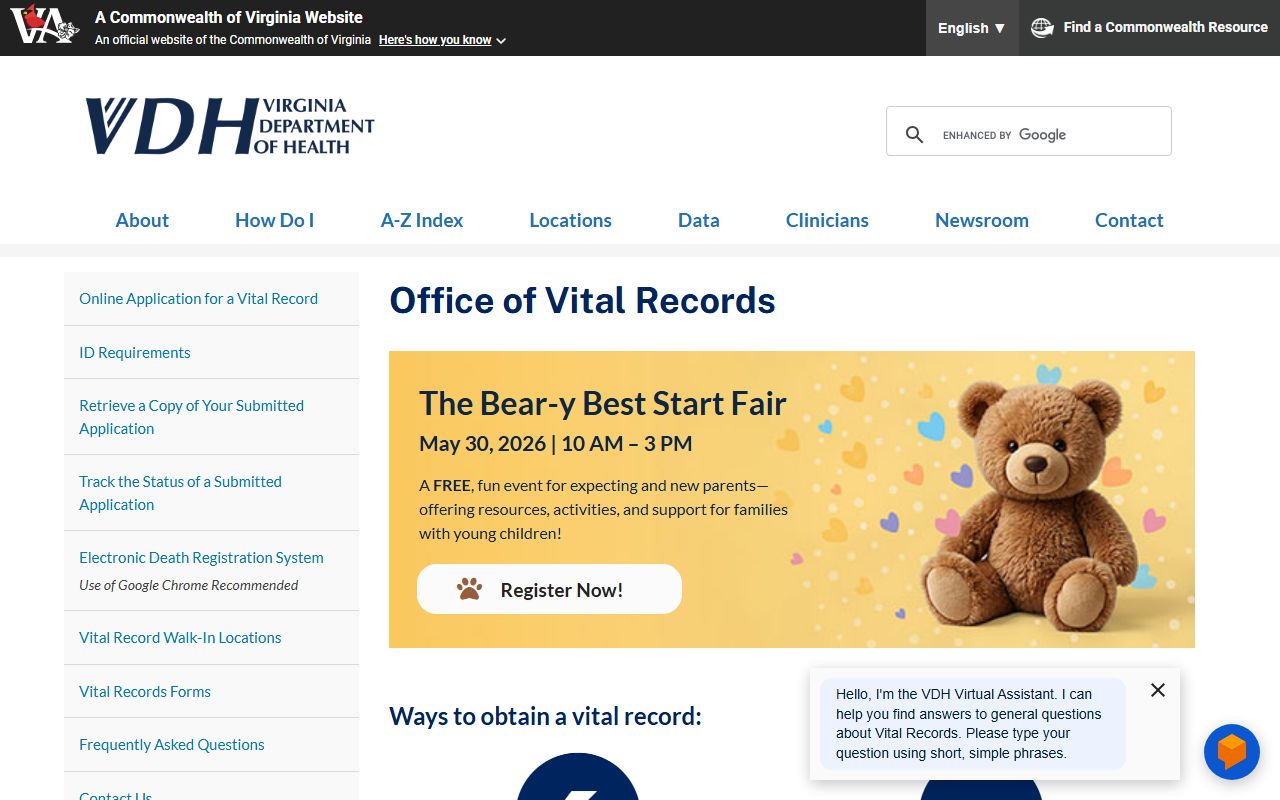 Virginia Department of Health vital records page for obituary and death records